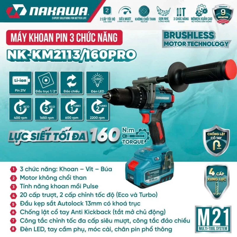 Máy khoan pin 3 chức năng NAKAWA NK-KM2113/160PRO - Ảnh 2