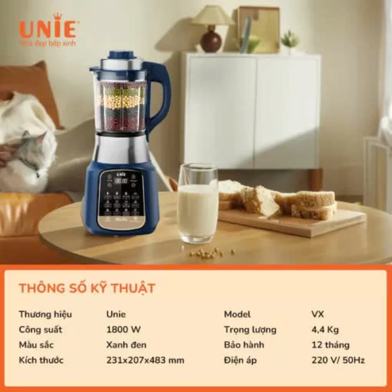 Máy làm sữa hạt UNIE VX dung tích 1.75L, 14 chức năng nấu, chống trào tối đa - Ảnh 3