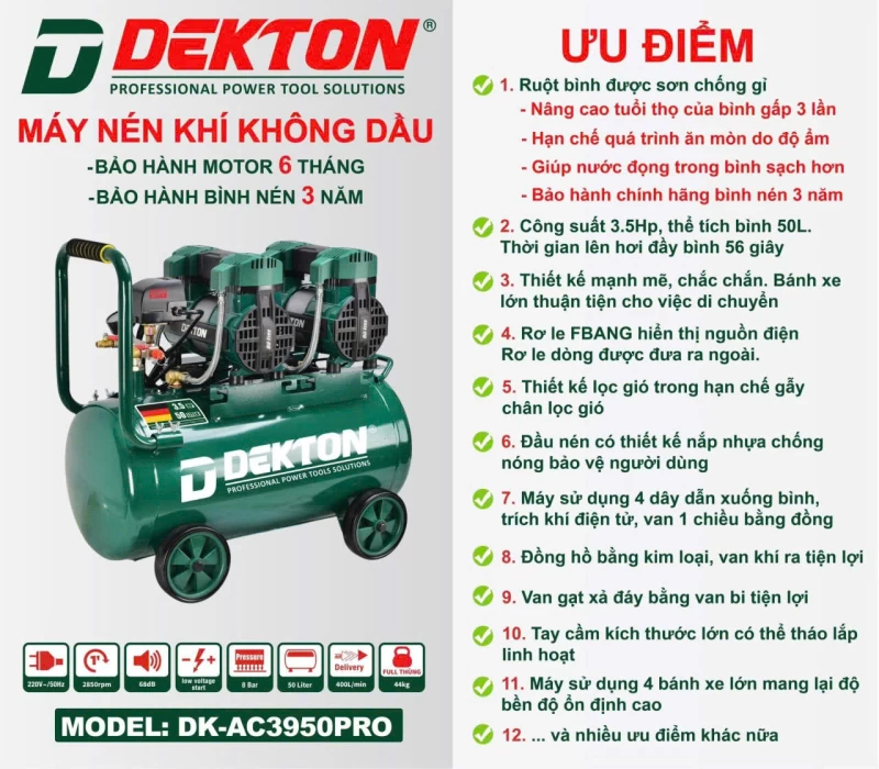 Máy nén khí không dầu Dekton DK-AC3950PRO (50 lít - 3.5 HP) - Ảnh 1