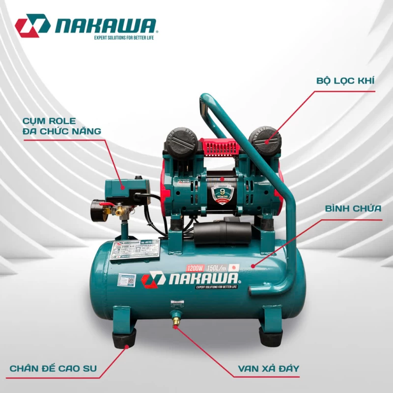 Máy Nén Khí Không Dầu Tốc Nhanh Siêu Êm 1200W 15L Nakawa NK-BH1615E - Thumbnail 2
