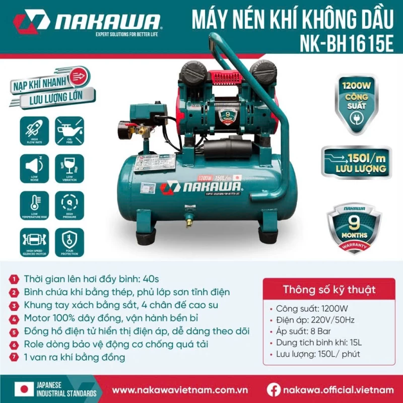 Máy Nén Khí Không Dầu Tốc Nhanh Siêu Êm 1200W 15L Nakawa NK-BH1615E - Thumbnail 5