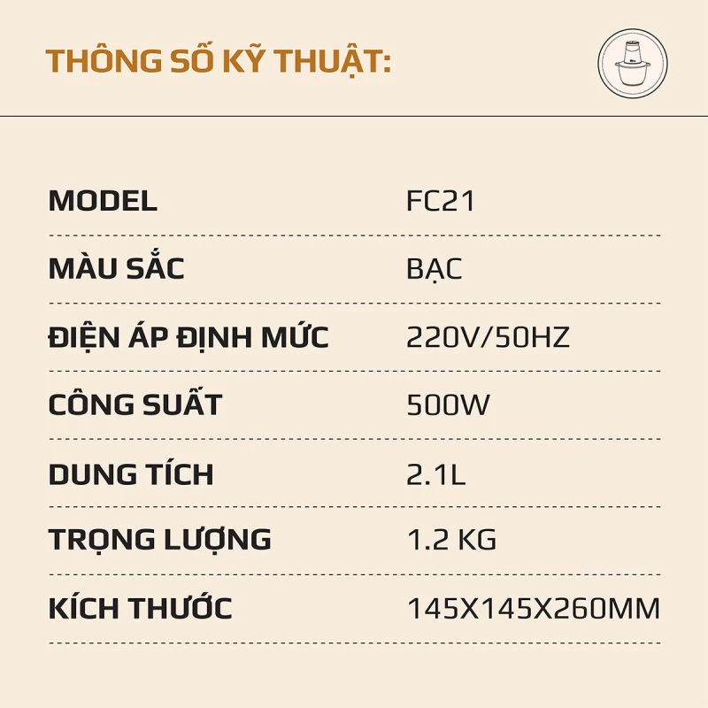 Máy Xay Thực Phẩm Đa Năng OLIVO FC21 - Dung Tích 2.1L - Công Suất 500W - Thumbnail 2