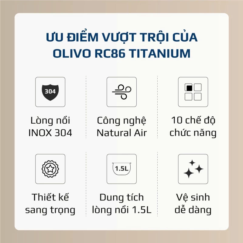 Nồi Cơm Điện OLIVO RC86 Titanium – Lòng Nồi INOX 304 Chống Dính Tự Nhiên, Nấu Cơm Ngon, Thiết Kế Tinh Tế, Sang Trọng - Thumbnail 2