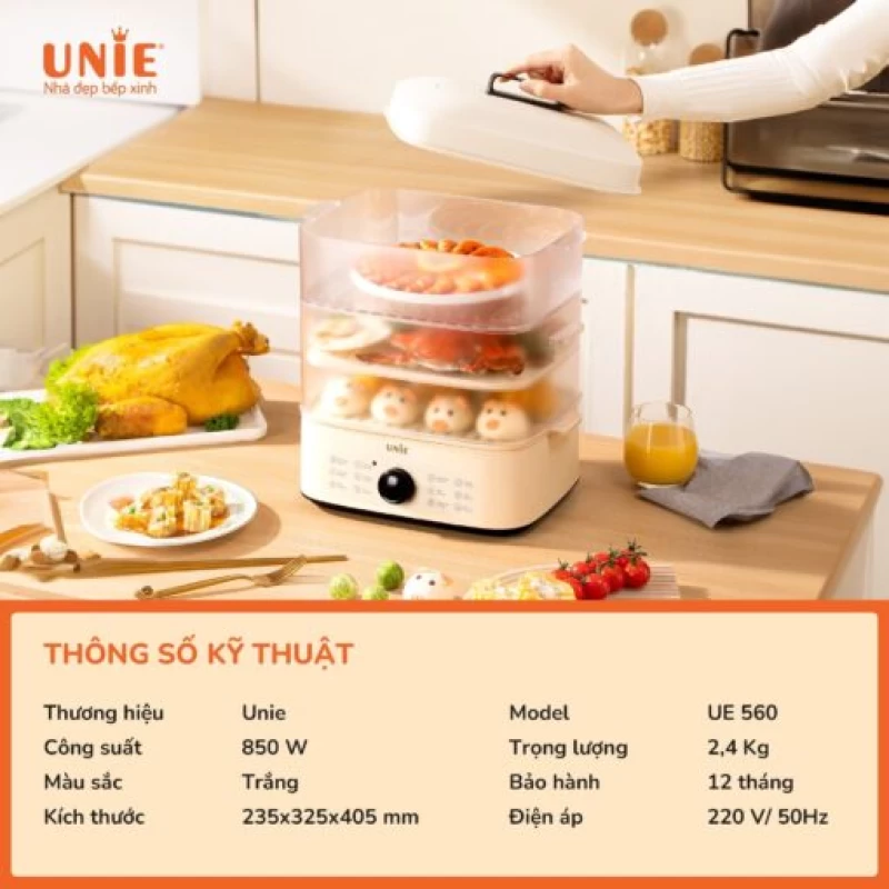 Nồi hấp UNIE UE560 dung tích lớn 18L, 3 tầng hấp, 12 tính năng tiện lợi - Ảnh 4